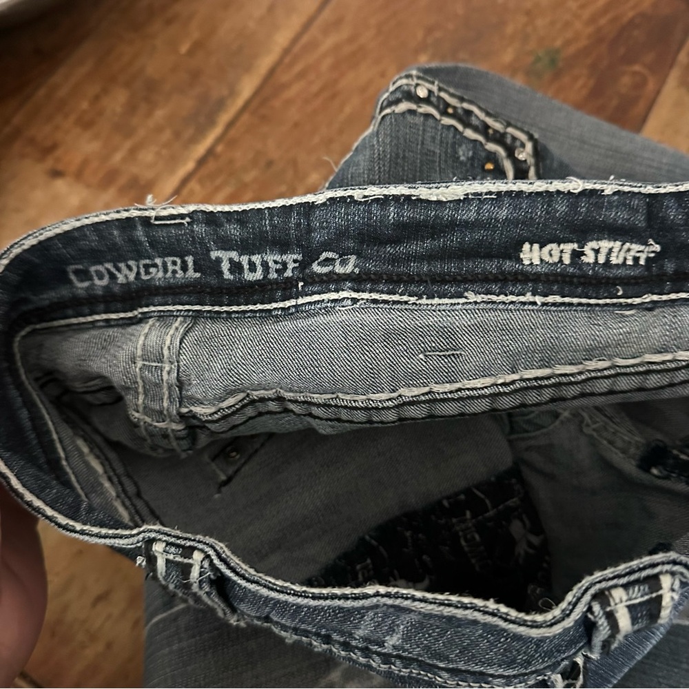 Cowgirl Tuff Hot Stuff Dark Blue Bootcut Jeans Heavy Starched 26x35 - Picture 8 of 9